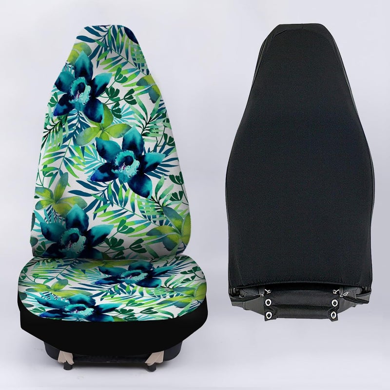 Howilath Universal Car Seat Covers Full Set of 2, Blue Hibiscus Floral Leaves Printed Auto Front Bucket Seats Protector Car SUV Interior Accessories - Image 5